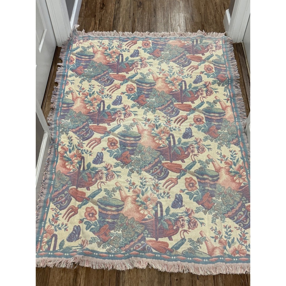 Goodwin Weavers Vtg Woven Tapestry‎ Throw Blanket Garden Floral Cotton USA 66x46